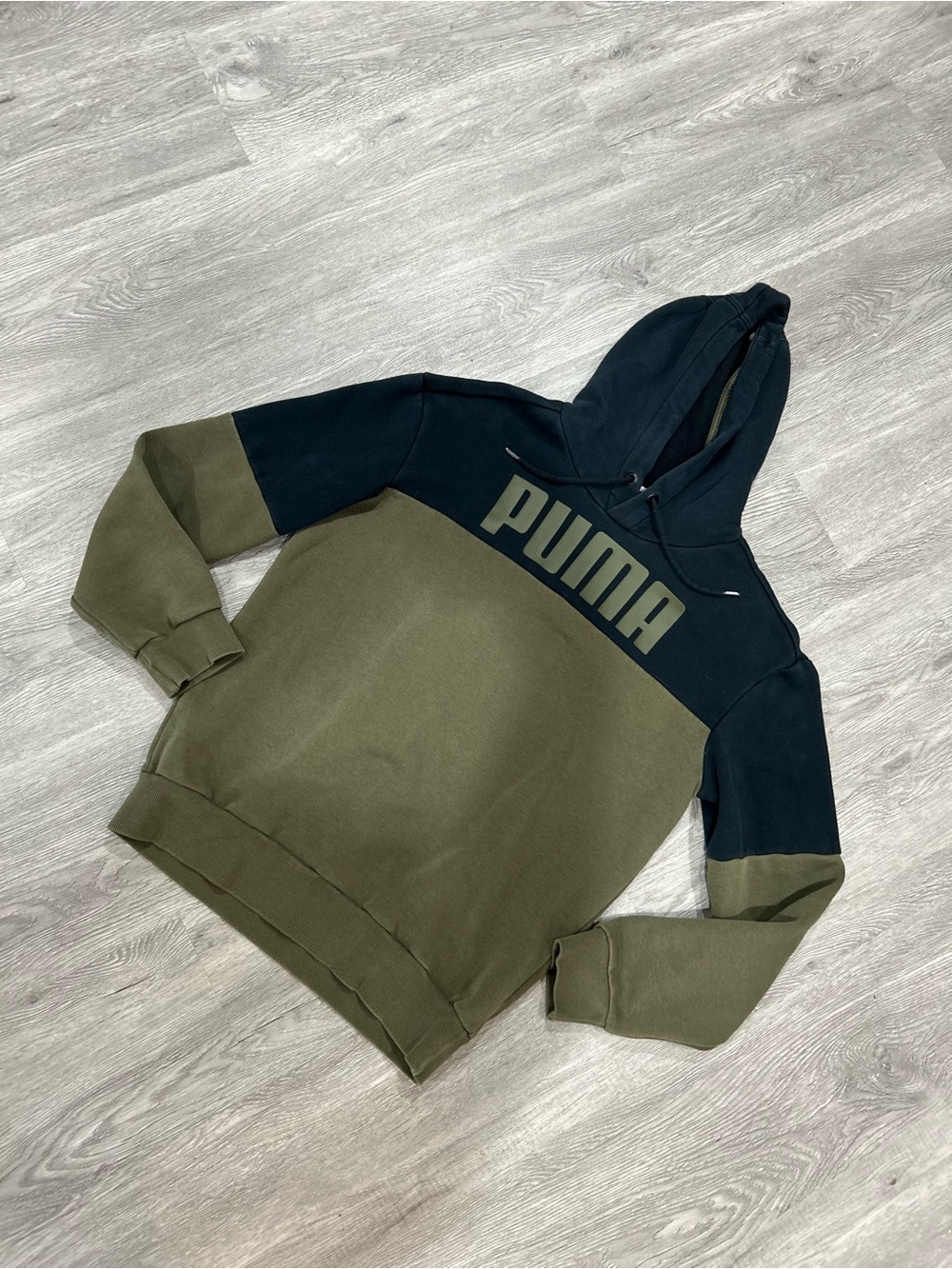Puma Olive Green and Black Colorblocked Pullover Hoodie